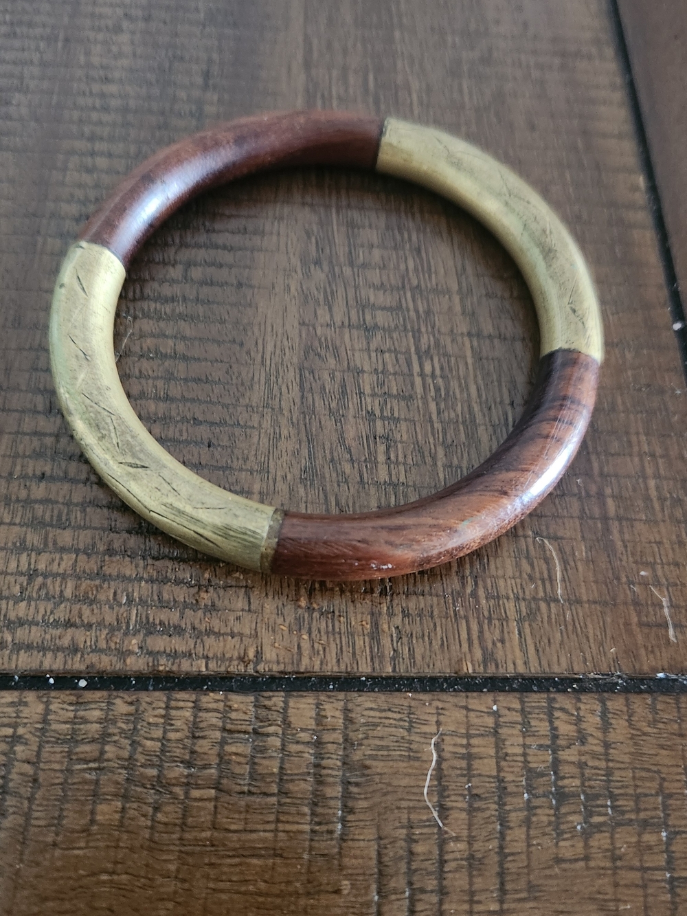 Vintage Wood and Brass Tone Bangle Bracelet